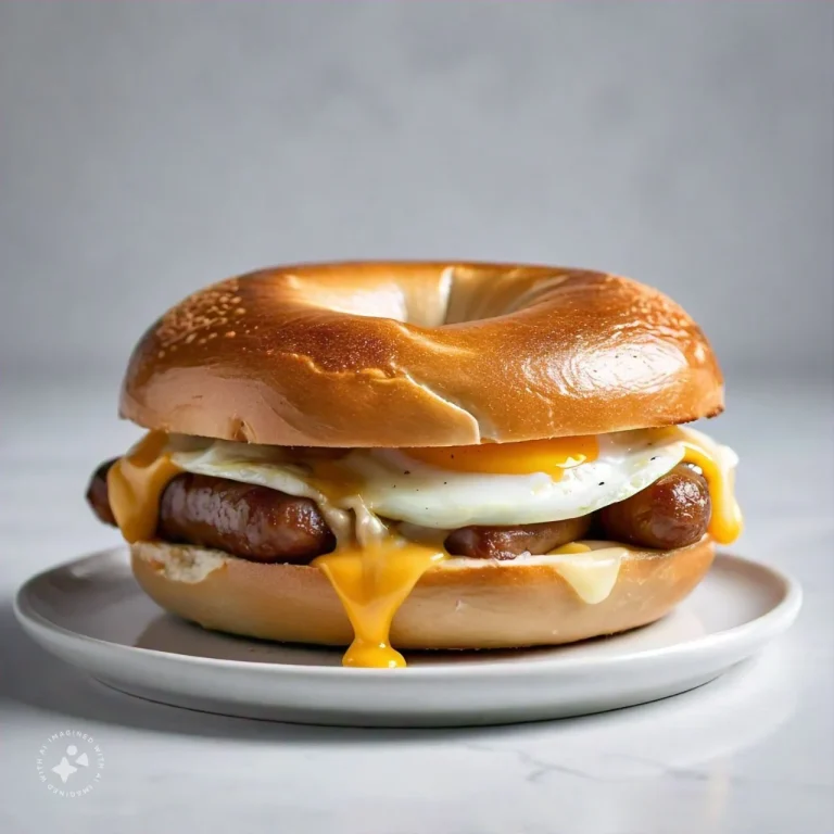 A vibrant image of a Sausage, Egg & Cheese Bagel, 768x768