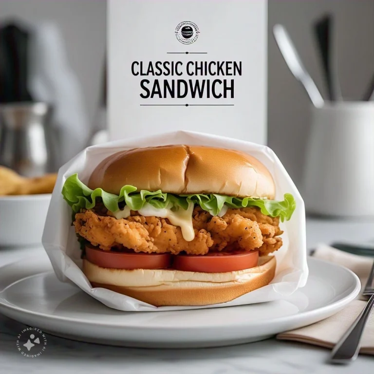 Classic Chicken Sandwich with a crispy chicken breast, lettuce, tomato, and mayonnaise on a soft bun, 1280x1280