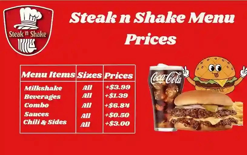Steak 'n Shake menu with item prices and food images.